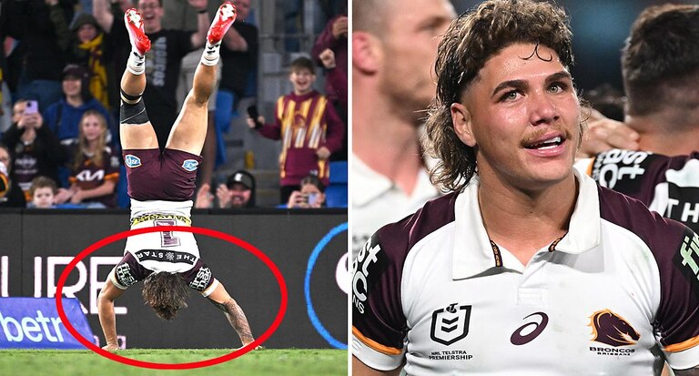 Reece Walsh's perfect response after Broncos fullback sparks debate with try celebration