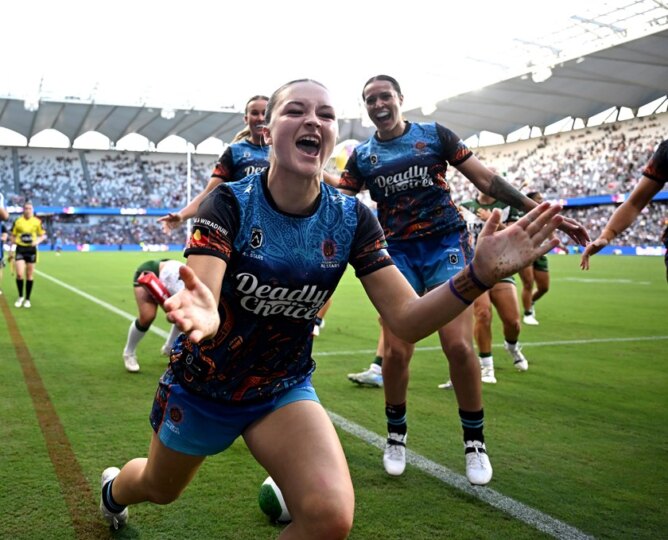 Ella Koster celebrates her match winning try for the Indigenous All Stars.