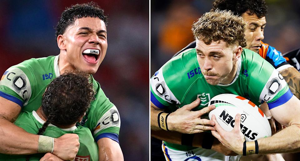 Pictured left to right, Canberra speedster Savelio Tamale and fellow Raiders winger Jed Stuart.