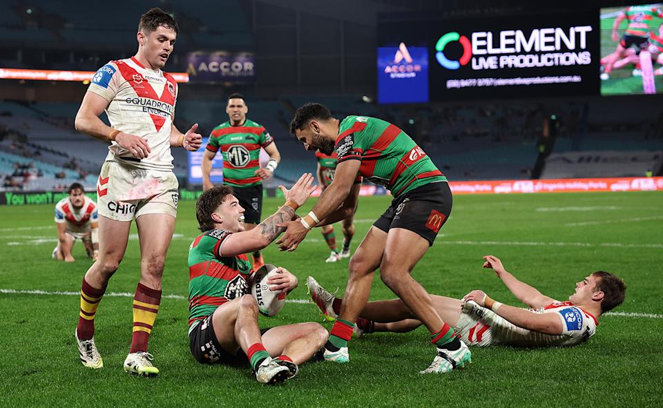 Alex Johnston, pictured here celebrating with Tallis Duncan after a Rabbitohs try.