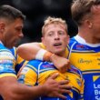 Lachlan Miller and his Leeds Rhinos team-mates celebrate scoring against Castleford Tigers (SWPix.com)