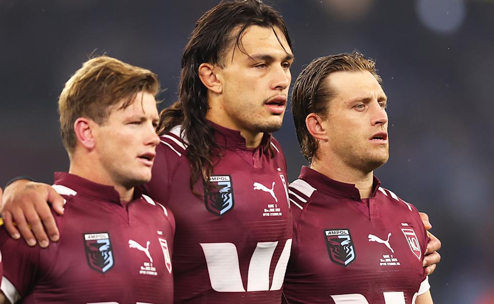 Tino Fa'asuamaleaui with Melbourne Storm stars Harry Grant and Cameron Munster at Origin level.