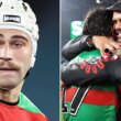Jye Gray and Latrell Mitchell amid Souths' win over the Dragons.