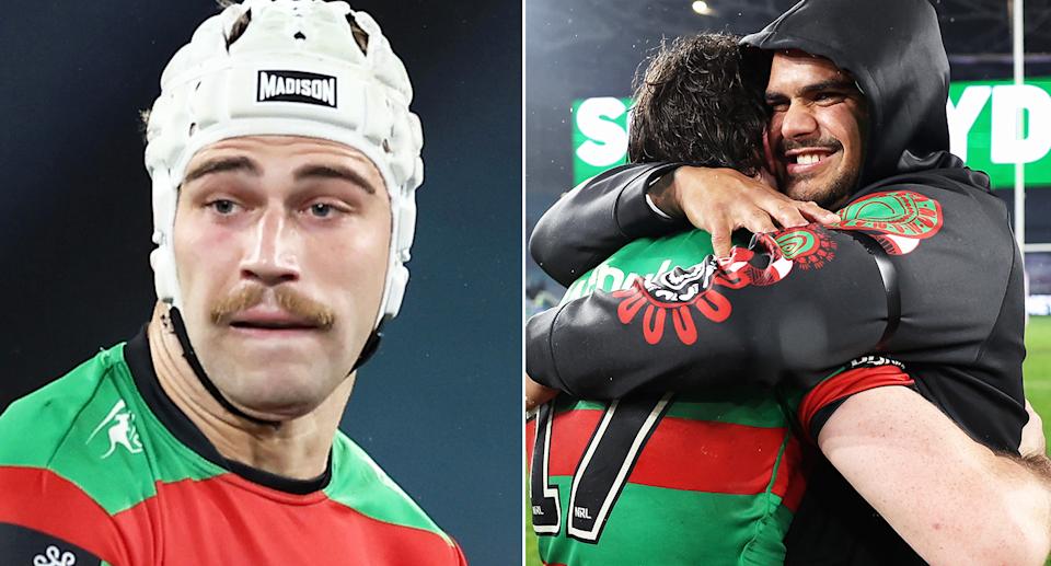Jye Gray and Latrell Mitchell amid Souths' win over the Dragons.