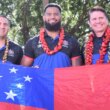 Payne Haas announced his commitment to Samoa at a press conference with team manager Hannan Laban (left) and coach Ben Gardiner (right).