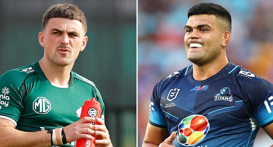 Souths' hopes of luring David Fifita (R) to the club in 2026 look set to hinge on whether they can offload English import Lewis Dodd (L). Pic: Getty
