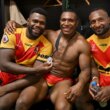 Epel Kapinias, Edwin Ipape and Valentine Richard celebrate victory with the Kumuls. Kapinias and Ipape are expected back for the 2025 Pacific Championships.