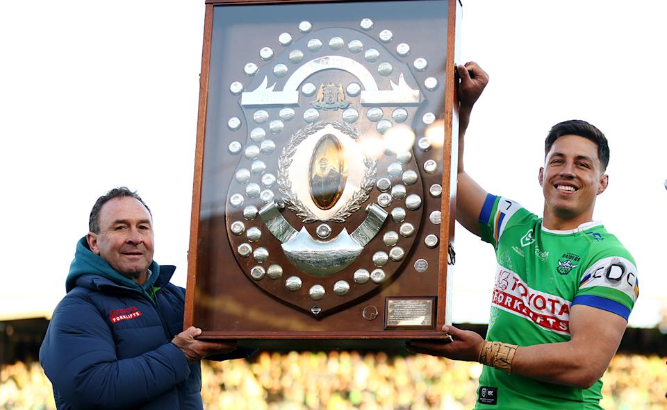 Ricky Stuart and Raiders captain Joseph Tapine, pictured here with the JJ Giltinan Shield.