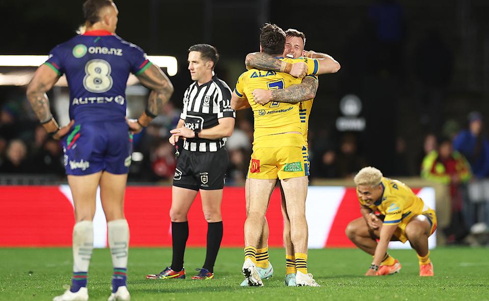 Parramatta players, pictured here celebrating after their win over the Warriors.
