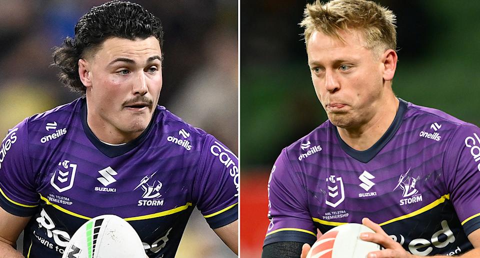 Tyran Wishart (R) has been preferred to Jonah Pezet (L) in the halves for the Melbourne Storm's finals clash with the Bulldogs after the arm injury to Jahrome Hughes. Pic: Getty