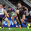 Jordan Riki in action against the Storm in Brisbane's Round 27 win.
