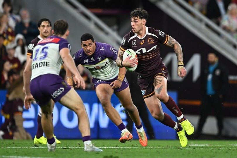 Jordan Riki in action against the Storm in Brisbane's Round 27 win.