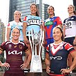 Six NRLW captains pose for a photo with the premiership trophy.