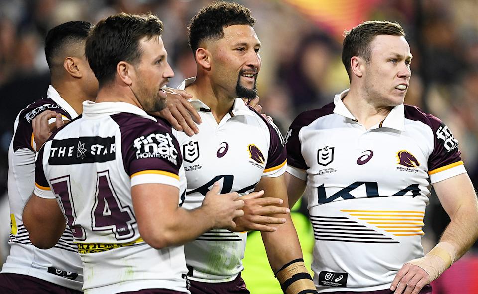 Gehamat Shibasaki with Brisbane Broncos teammates.