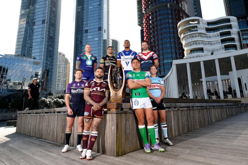 Adam Reynolds and Joe Tapine, pictured here with the other six captains in the NRL finals.