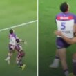 Kotoni Staggs, pictured here deliberately grabbing Xavier Coates to prevent him jumping for the ball.