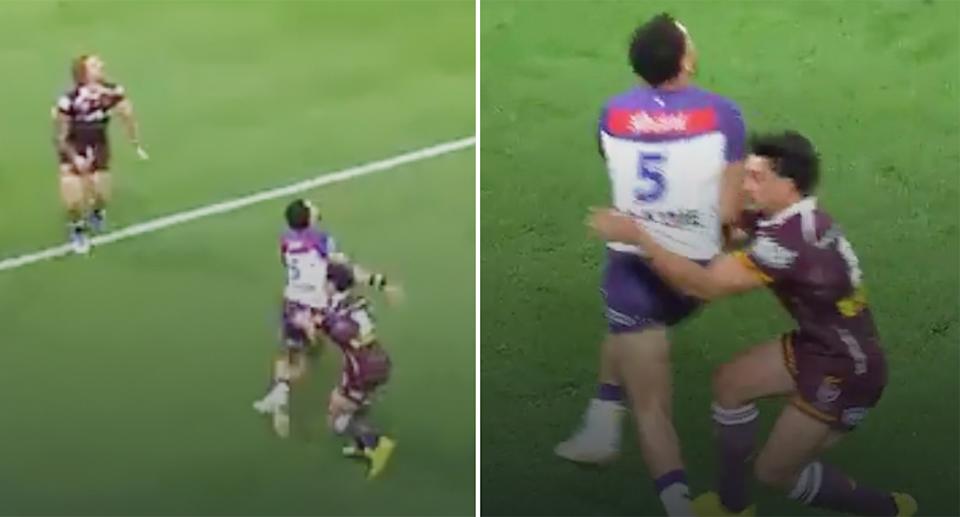 Kotoni Staggs, pictured here deliberately grabbing Xavier Coates to prevent him jumping for the ball.