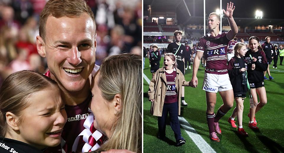 Seen here, Daly Cherry-Evans joined on the field by his family after his Manly farewell game.