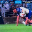 Hynes is facing a fine for this tackle on Marcelo Montoya. Picture: Fox League