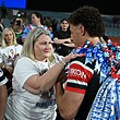 Mark Nawaqanitawase's biggest fan, mum Fiona, congratulates him after last season's Round 27 debut for Sydney Roosters against South Sydney.