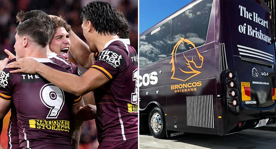 The Broncos were unhappy at having to park their team bus outside Canberra's home ground when the side's last met there in round two. Pic: Getty/Facebook/Belbaker Bus Charter