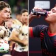 Reece Walsh's toilet stunt could cause some issues with his major sponsor Musashi. Pic: Getty/Instagram/Musashi