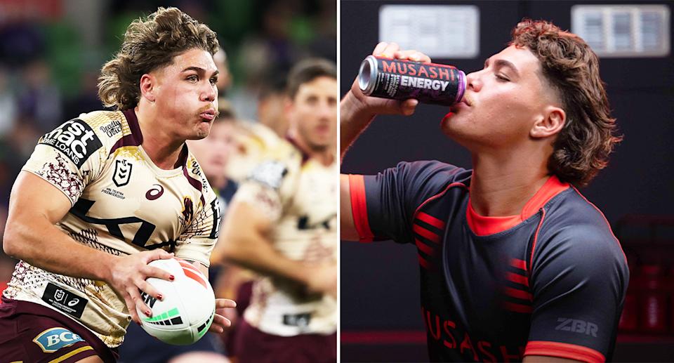 Reece Walsh's toilet stunt could cause some issues with his major sponsor Musashi. Pic: Getty/Instagram/Musashi