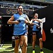 Rima Butler and Olivia Kernick at the Roosters' captains run ahead of Sunday grand final.