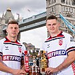 Picture by Allan McKenzie/SWpix.com - 16/07/2025 - Rugby League - ABK Beer Rugby League Ashes Series 2025 - 100 Days To Go Preview - London, England - England's George WIlliams & Jack Welsby in front of Tower Bridge with the ABK Beer Rugby League Ashes Series trophy.