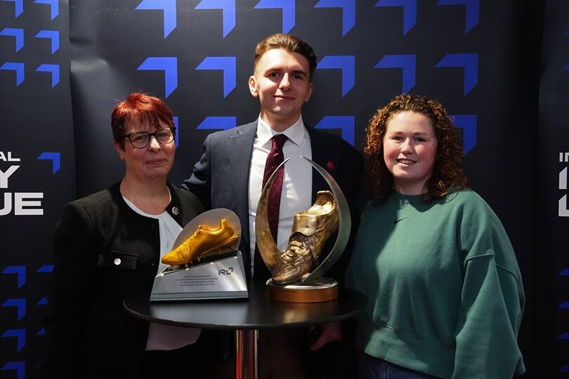 IRL Golden Boot winner Rob Hawkins with his mother Joanna and partner Emily at the 2025 presentation in Halifax.