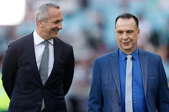 Happy days: NRL CEO Andrew Abdo and ARLC chairman Peter V’landys.