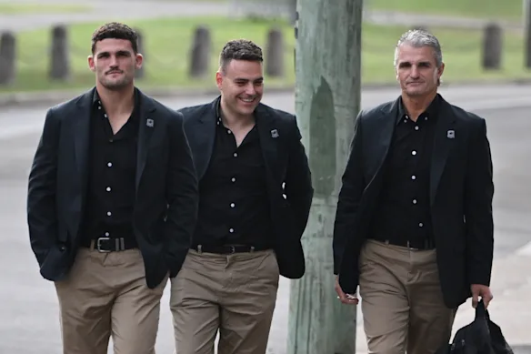 Panthers trio Nathan Cleary, media manager Michael Blok and coach-turned lawyer Ivan Cleary.