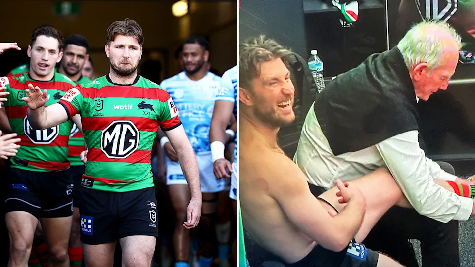 Jair Arrow walks out and Wayne Bennett helps put Arrow's sock on.