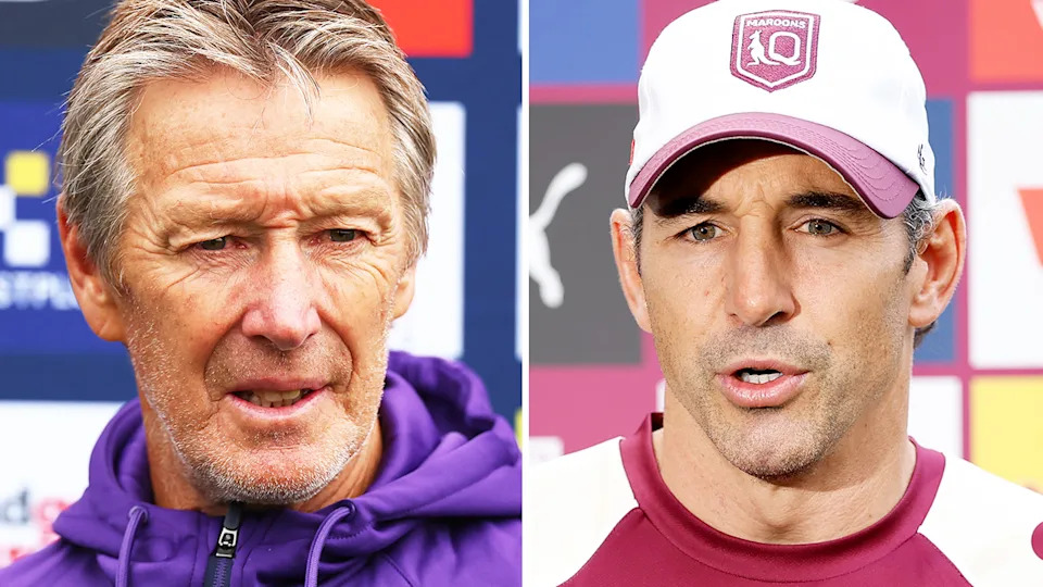 Craig Bellamy speak to the media and Billy Slater during a press conference.