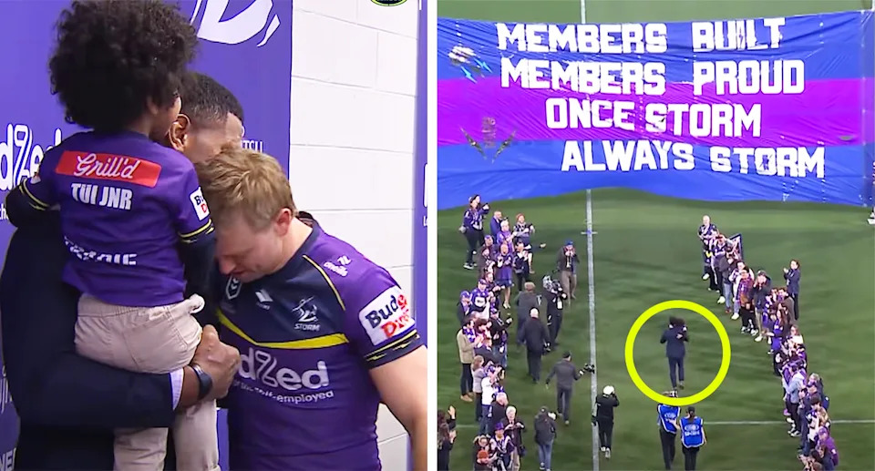 Tui Kamikamica, pictured here being given an emotional send-off before the Storm and Panthers game.