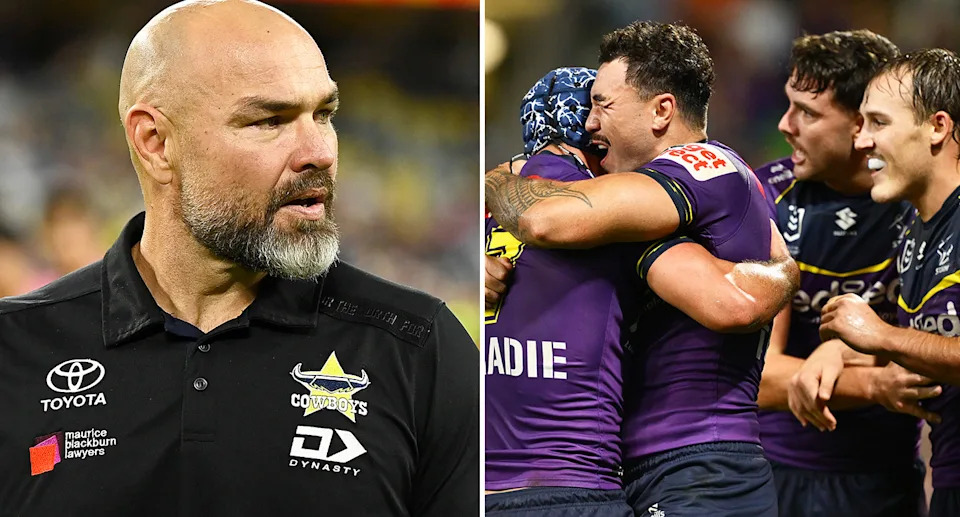 Pictured left to right, Cowboys coach Todd Payten and Melbourne Storm forward Joe Chan.