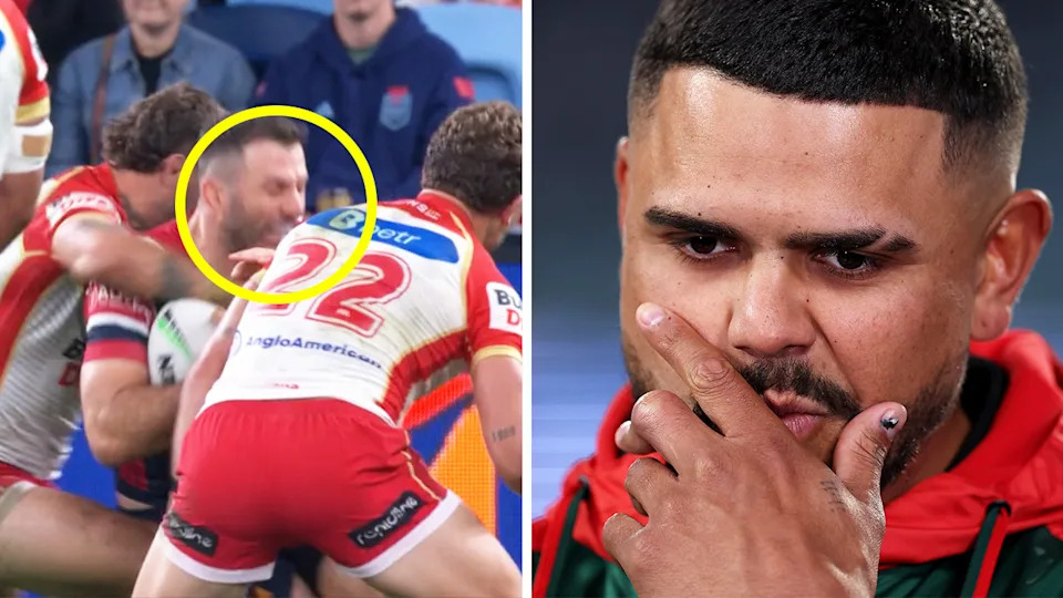 Kurt Donoghue tackles James Tedesco and Latrell Mitchell looks on.