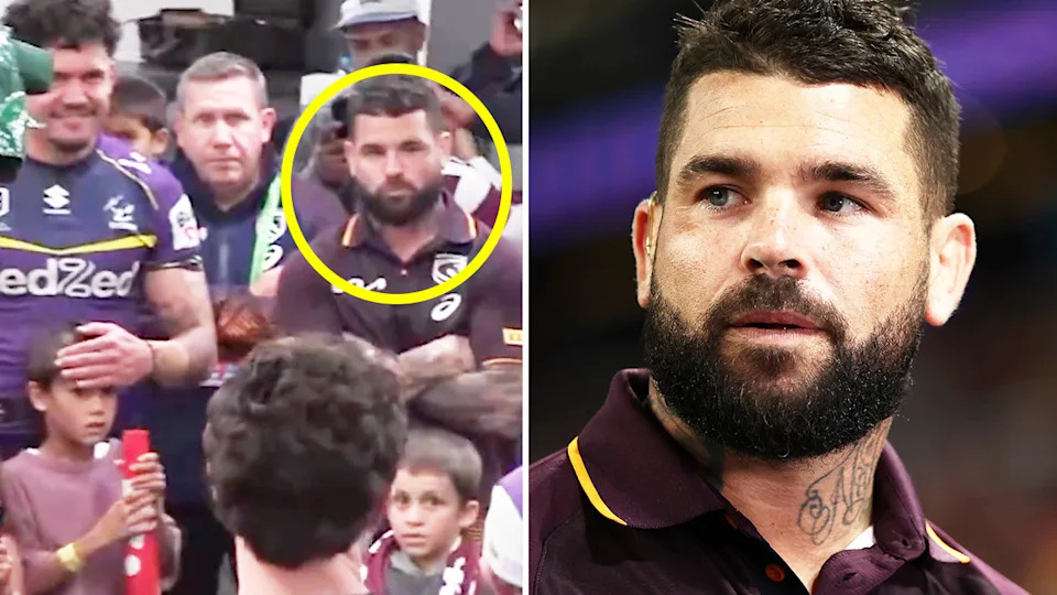 Adam Reynolds in the Melbourne Storm dressing room and Reynolds during his farewell.