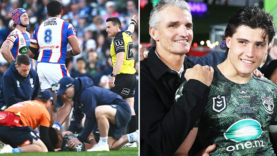 Jacob Saifiti sent from the field and Jett Cleary celebrates with father Ivan Cleary.