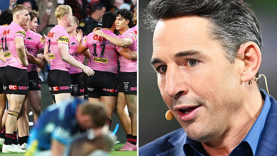 Blaize Talagi celebrates with teammates and Billy Slater during commentary.