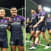 Tui Kamikamica celebrates with his Melbourne Storm teammates.