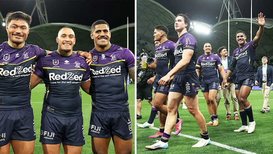 Tui Kamikamica celebrates with his Melbourne Storm teammates.