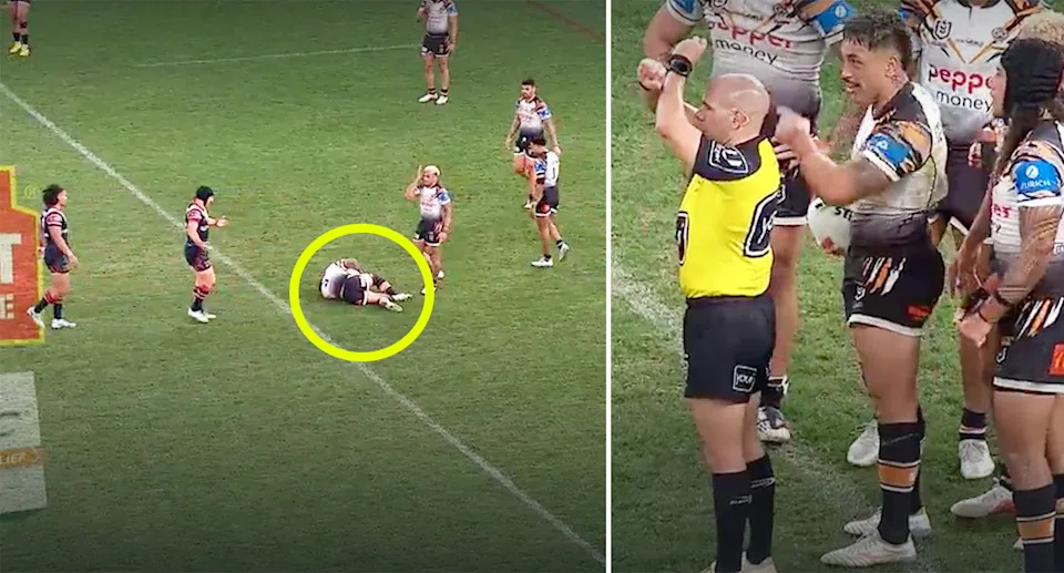 Victor Radley, pictured here being placed on report for his high hit on Patrick Herbert.