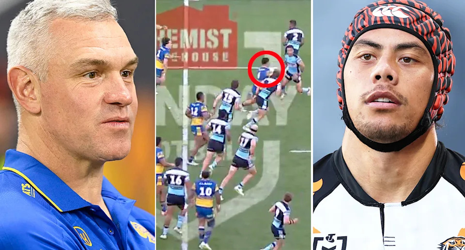 Pictured left is Parramatta coach Jason Ryles, with five-eighth Ronald Volkman centre and Jarome Luai on right.