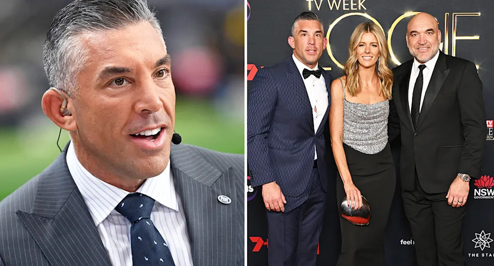 Former NRL star Braith Anasta is pictured left and alongside Fox League colleagues Gorden Tallis and Lara Pitt on the right.