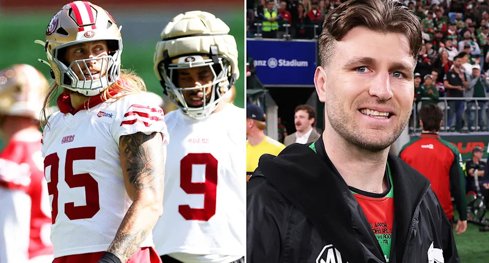 Pictured right to left, former NRL player Jai Arrow and San Francisco 49ers NFL star George Kittle.