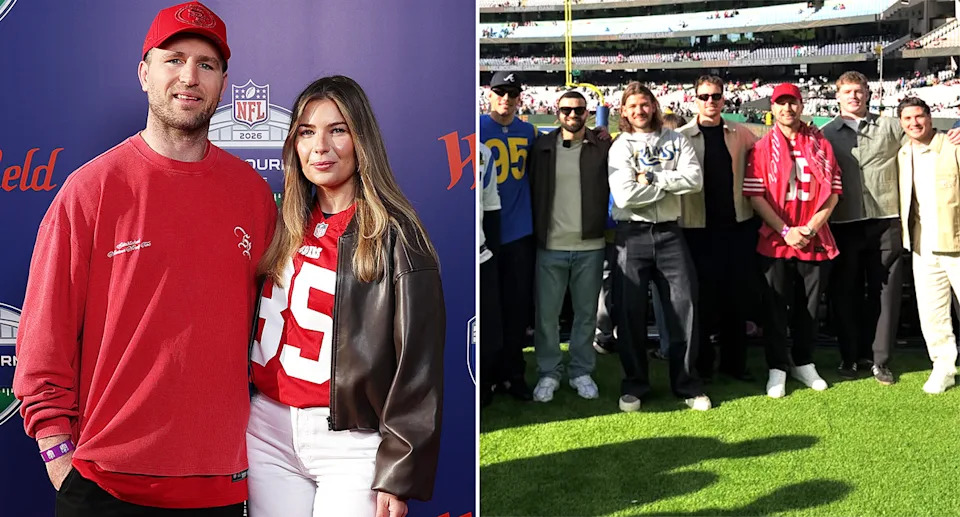 Jai Arrow, pictured here at the Melbourne NFL game with his wife and other NRL players.
