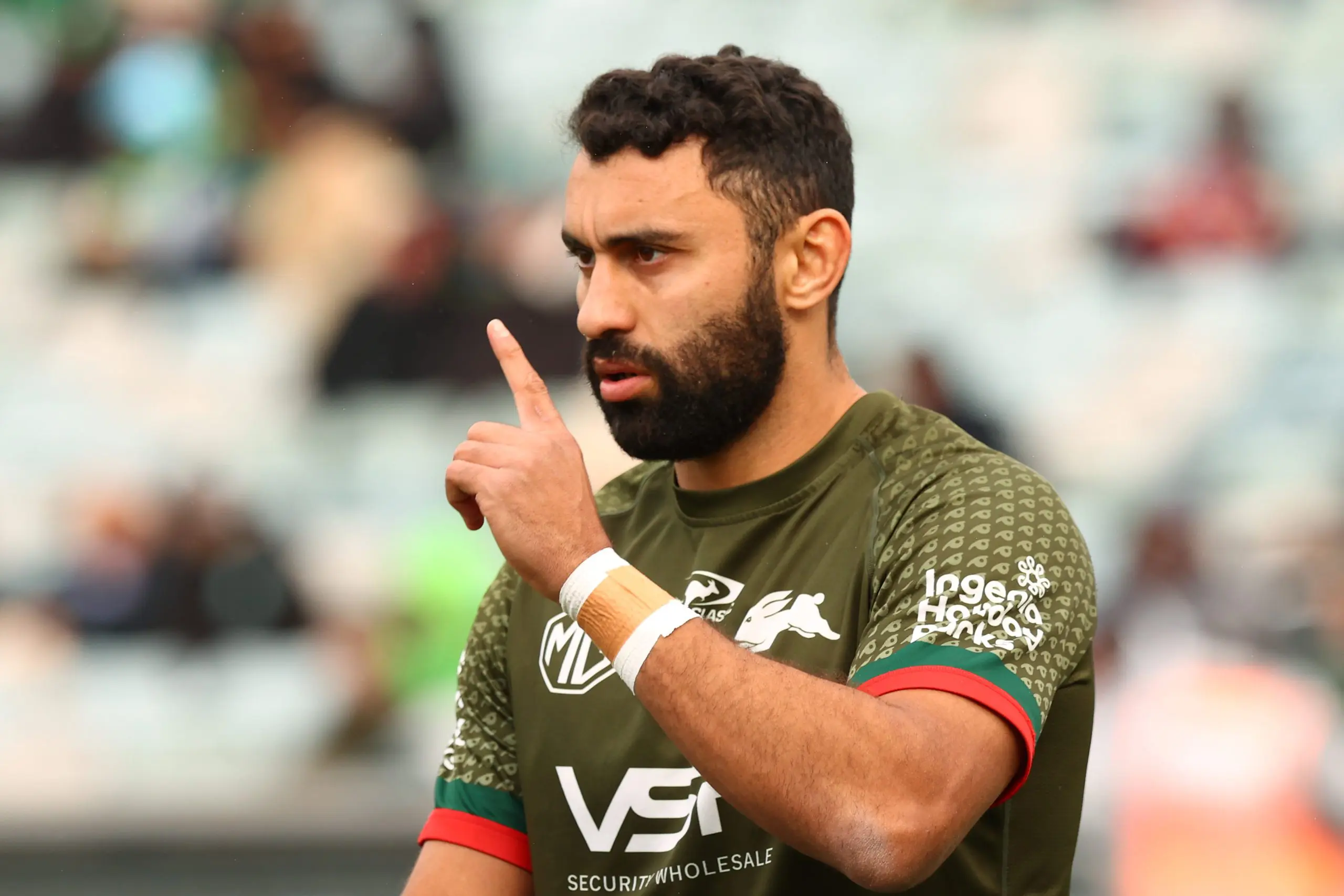 CANBERRA, AUSTRALIA - JUNE 08: Alex Johnston of the Rabbitohs warms up before the round 14 NRL match between Canberra Raiders and South Sydney Rabbitohs at GIO Stadium, on June 08, 2025, in Canberra, Australia. (Photo by Mark Nolan/Getty Images)