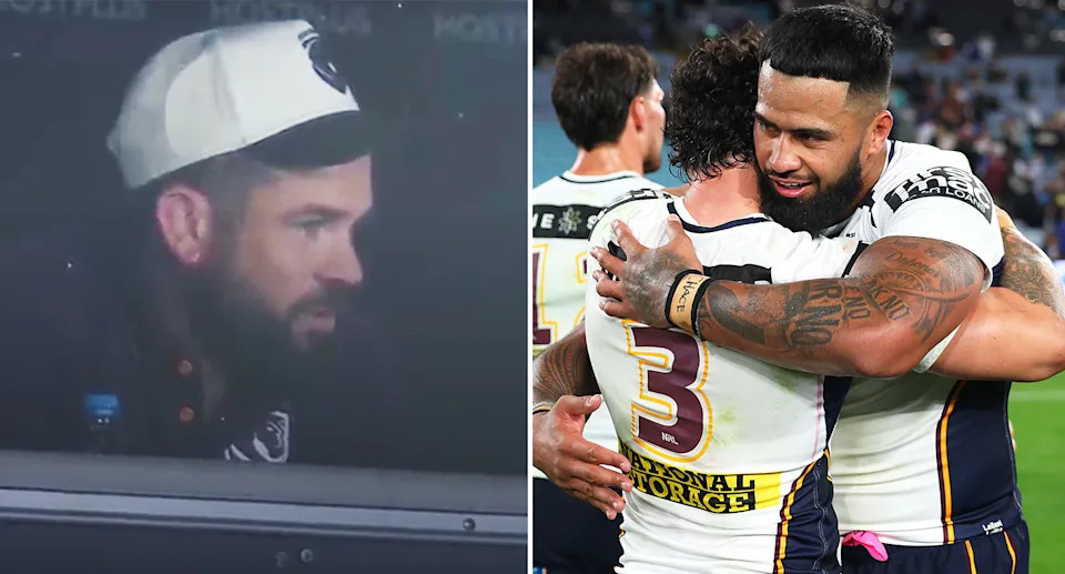 Pictured left to right, retiring Brisbane Broncos skipper Adam Reynolds and departing prop Payne Haas in his last NRL game for the club.