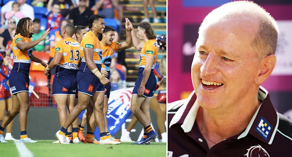Wilson De Courcey alongside Knights teammates and Broncos coach Michael Maguire.